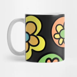 Colorful 70’s Style Flower Cartoon Pattern (in green, orange, yellow, blue,and magenta) on a Black Backdrop, made by EndlessEmporium Mug